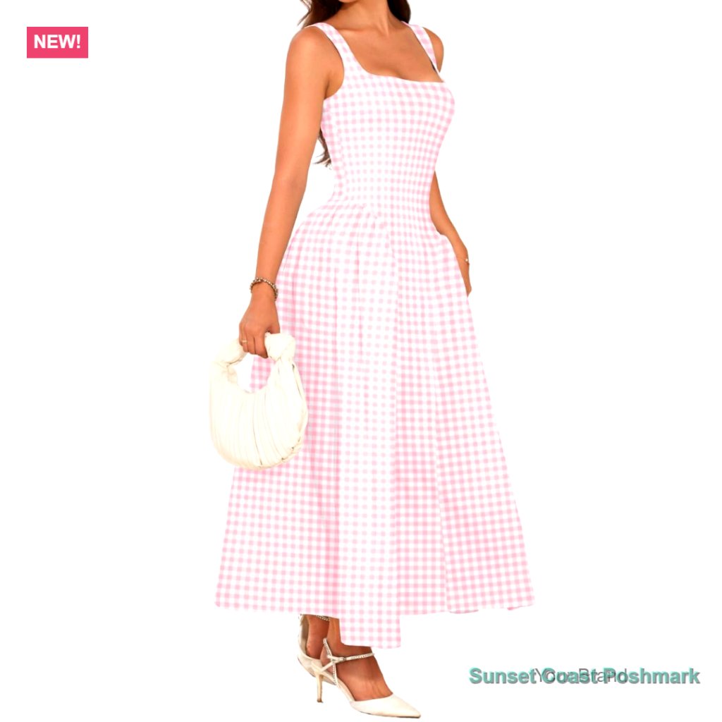Plaid Maxi Dress, A-Line Drop-Waist, Square Neck, Formal